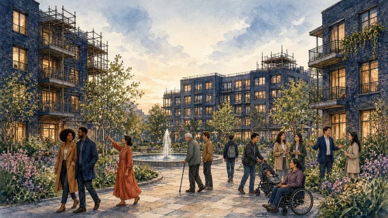A varied group of people arriving to tour a new courtyard apartment community coming to life