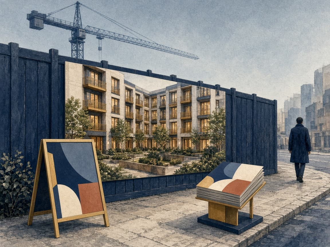 Construction hoarding wrapped with a rendering of the finished apartments beside a city street