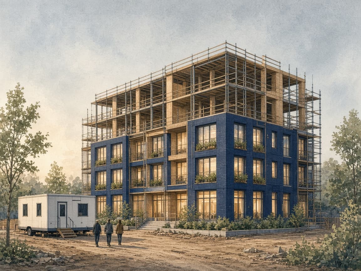 Apartment building under construction with occupied, lit lower floors, scaffolding above, and a leasing trailer in front