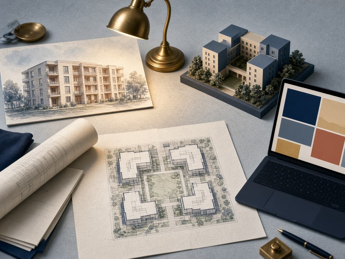 Desk with a site map, building model, architectural rendering, and a landing page on a laptop
