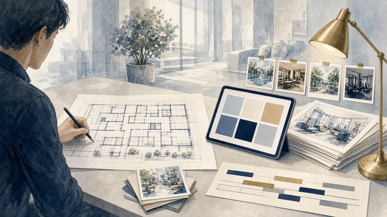 Desk with floor plans, renderings, and a tablet for adding community details
