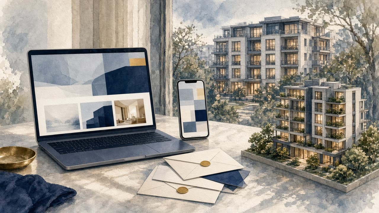 Laptop and phone showing a published pre-leasing site with inquiries arriving
