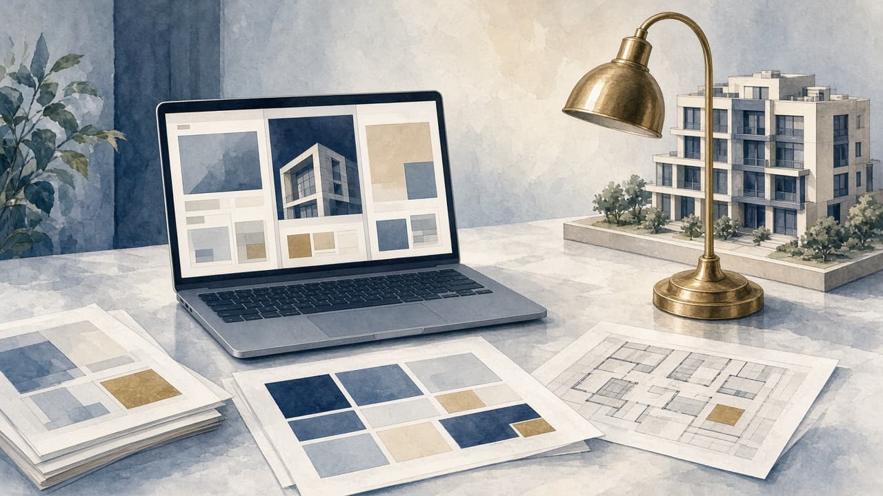 Desk with template boards and a laptop showing apartment website layout options